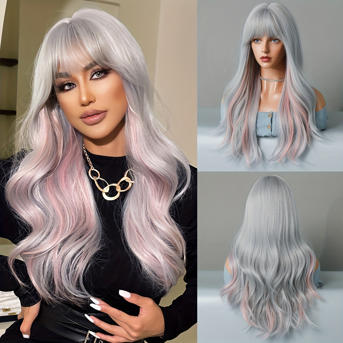 Heat Resistant Synthetic Wavy Light Blue Wig 31.5inch, Viscose Movie Themed Cosplay Party Hairpiece with Bangs, High Density Rose Net Cap Halloween Costume Accessory