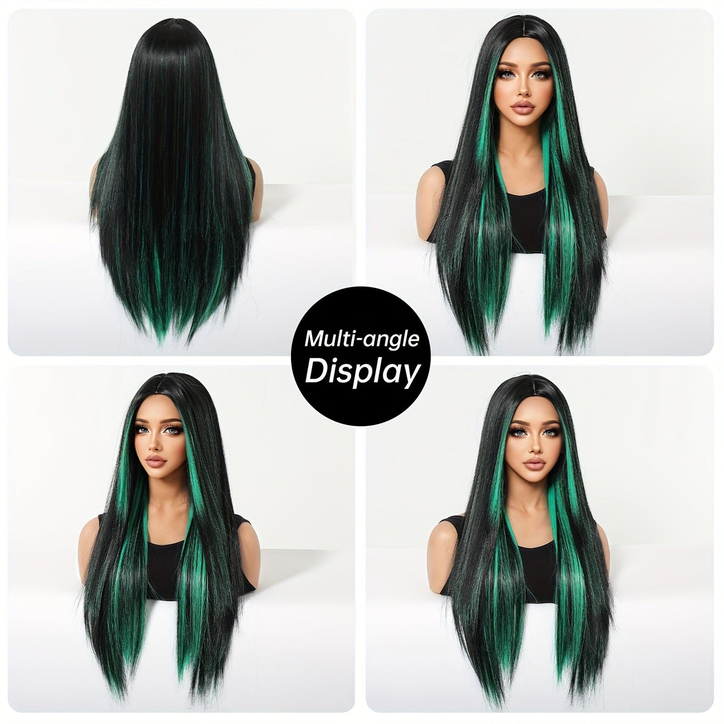 Women's 26 inch Long Straight Party Wig with Black Mixed Green Highlights, High Temperature Fiber, 150% Density, Rose Net Cap, Heat Resistant Synthetic Hair for Daily Use and Festive Occasions