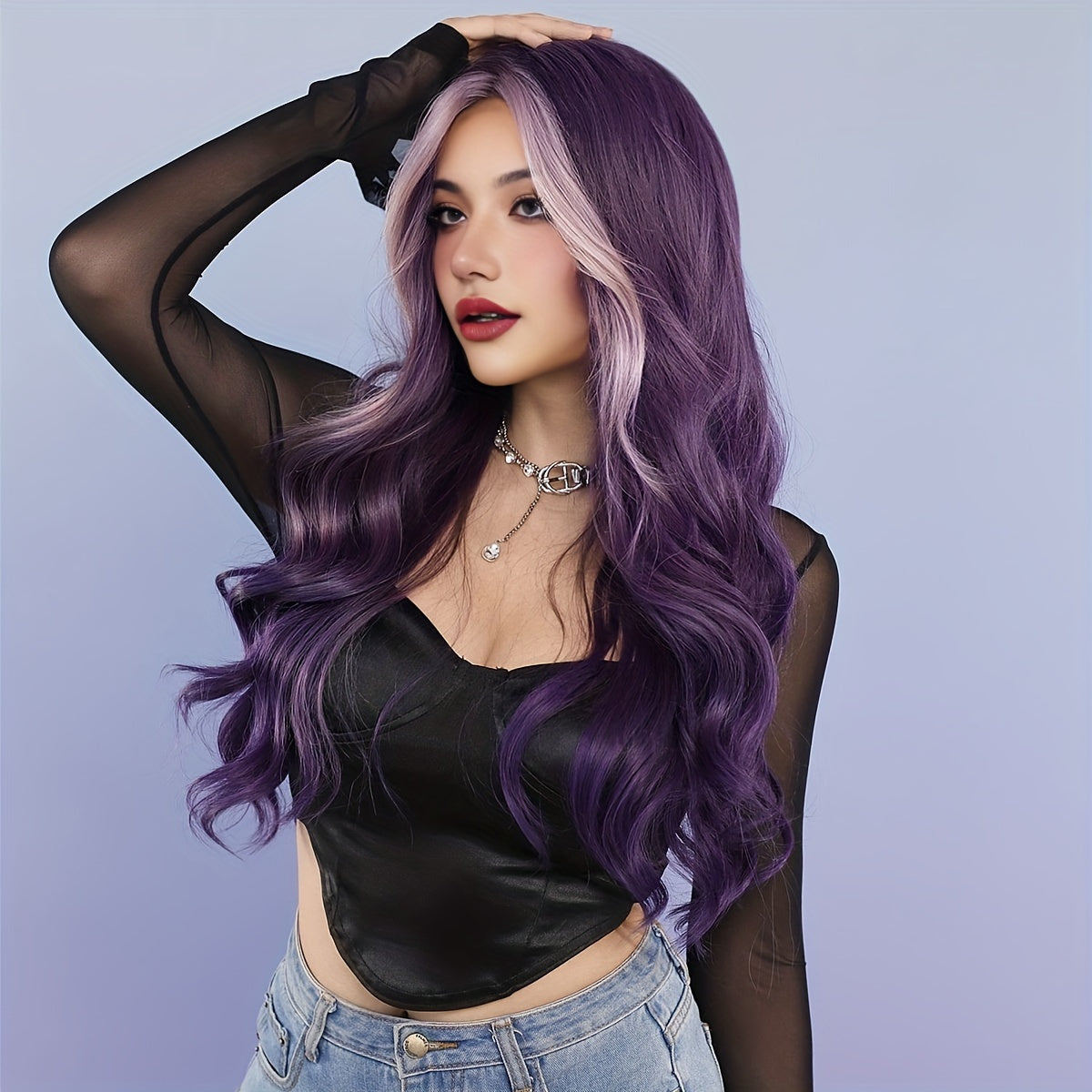 High-Density Synthetic Wig - Purple & Light Purple Ombre, Heat Resistant, Body Wave with Middle Part for Women - Perfect for Halloween & Cosplay