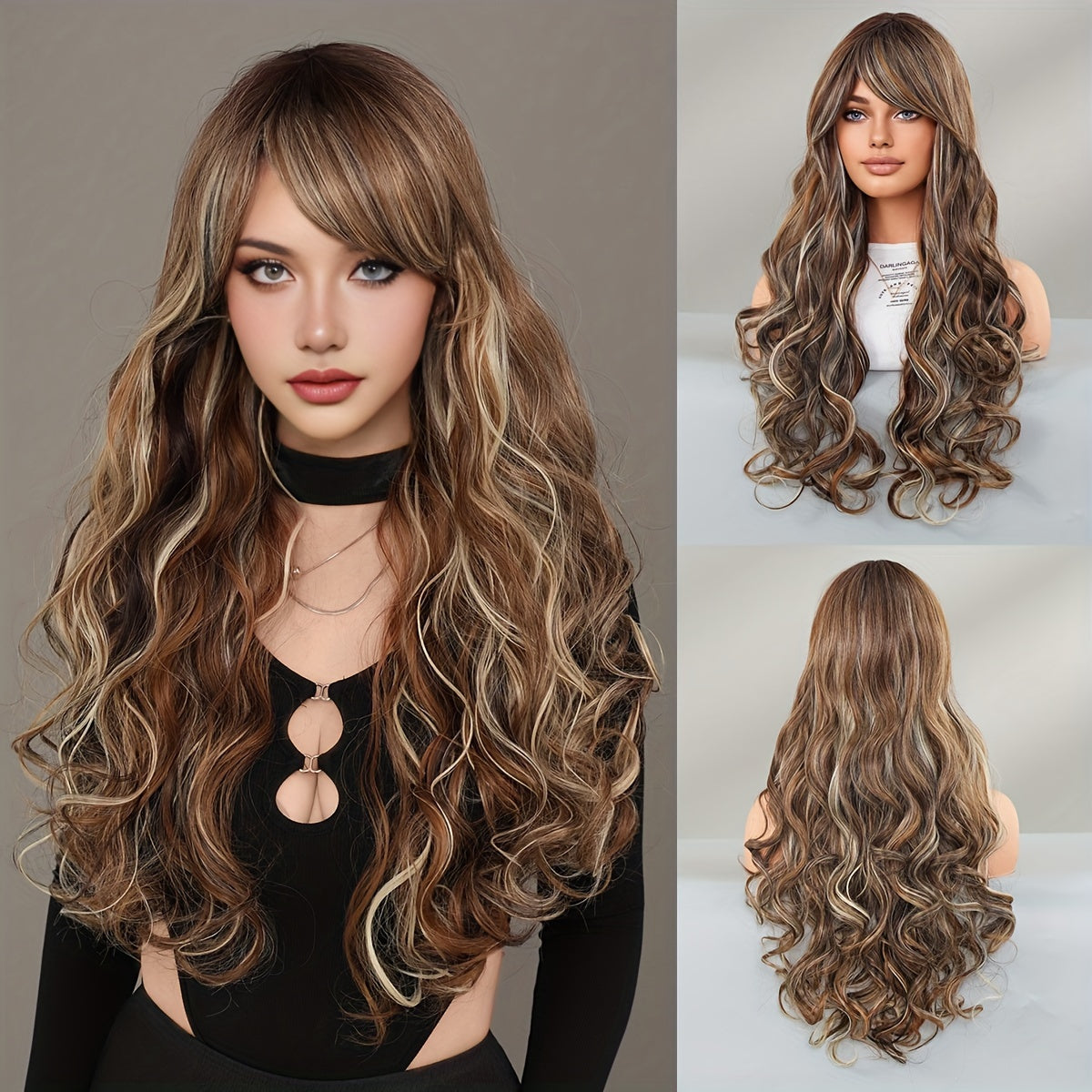 Elegant High-Density Body Wave Wig for Women - Heat Resistant Synthetic with Side Part & Bangs, Brown to Blonde Ombre, Perfect for Daily Wear & Special Occasions