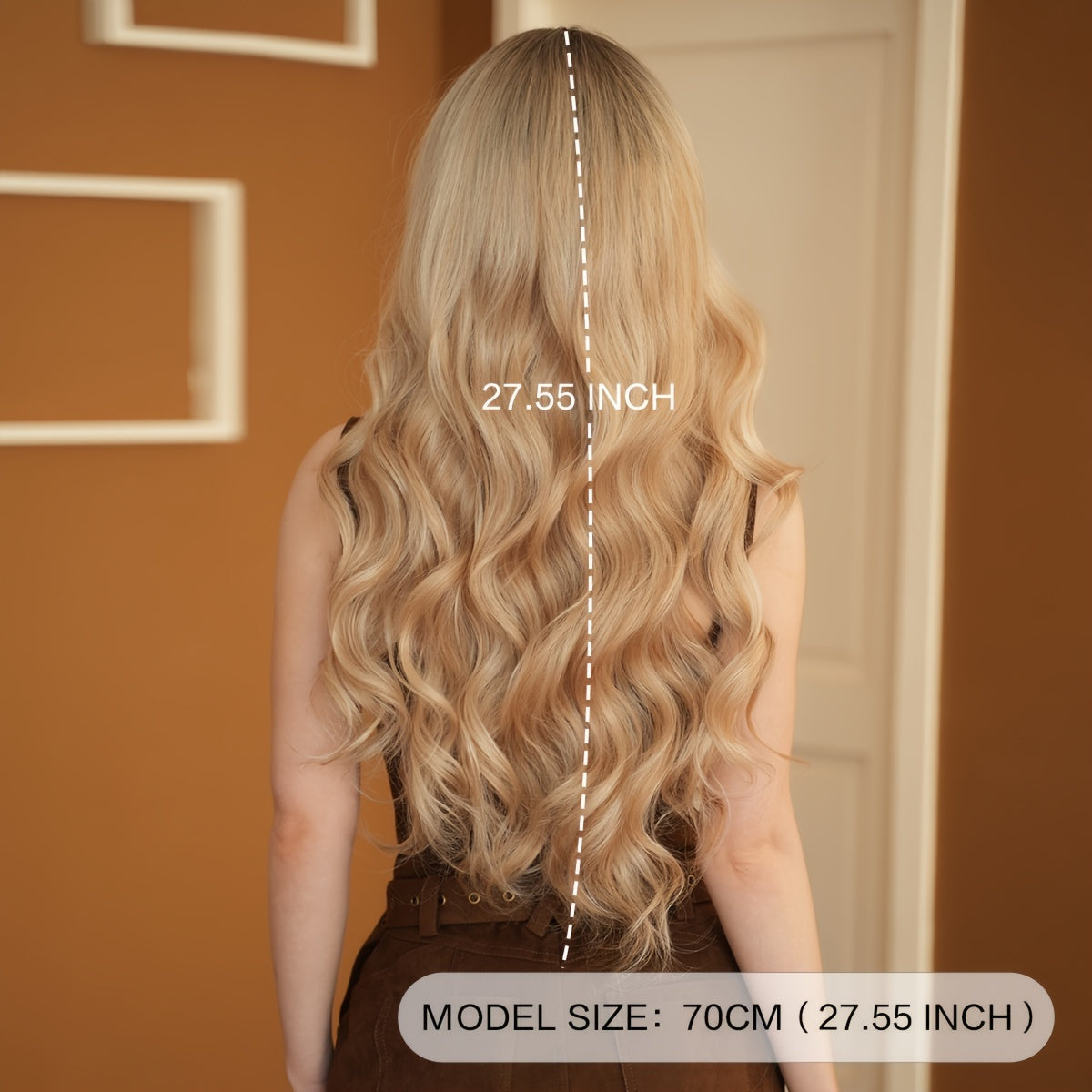 Women'S Body Wave Synthetic Wig, 27.55" High Density Middle Part with Curtain Bangs, Heat Resistant, Vacation Style, Rose Net Cap, 150% Density, Dark Roots, Long Loose Wavy Wig