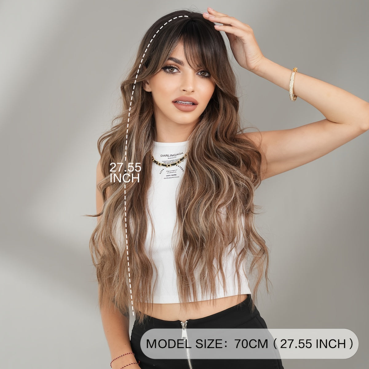 Elegant Body Wave Synthetic Wig for Women, Heat Resistant High Density 150% with Bangs, Long Loose Side Part, Beige Highlighted, Rose Net Cap, 27.55Inches