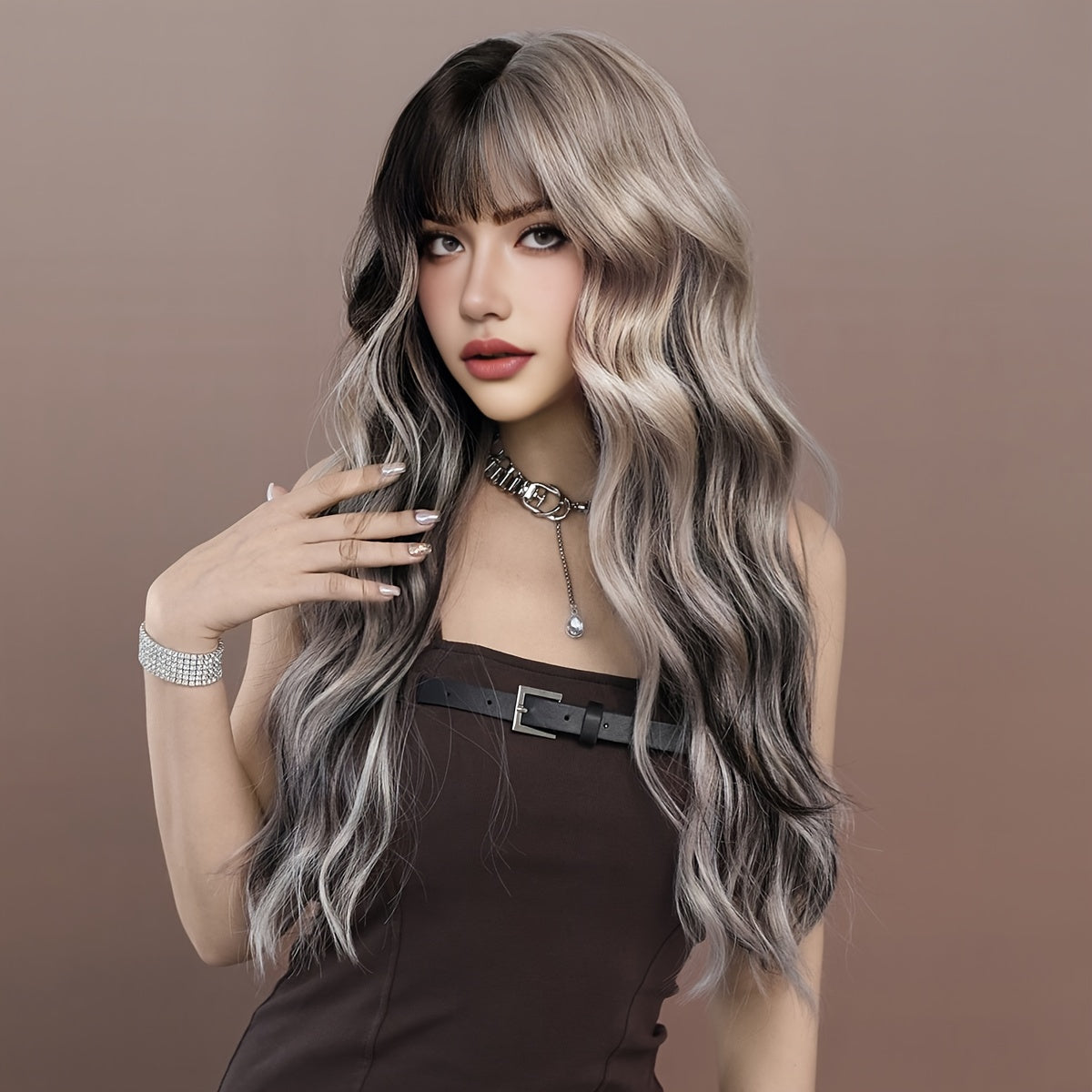 Silvery Gray Ombre Wig with Bangs - High-Density, Heat Resistant, Soft and Breathable Synthetic Hair for Women - Perfect for Halloween, Cosplay, Daily Wear, and Special Occasions