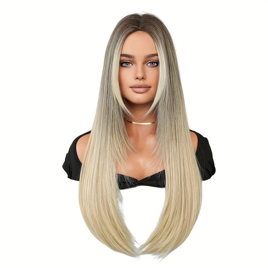 Heat Resistant Viscose Wig - Movie Theme Straight Hair, High-Density Grey to Golden Ombre with Middle Part, Durable Rose Net Cap for Halloween Cosplay & Daily Wear, 25.59inch