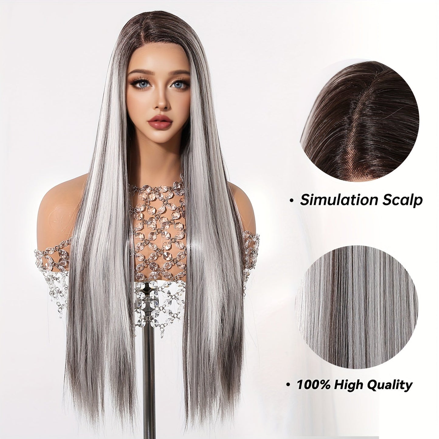 Chic 28" White & Grey Ombre Lace Front Wig - Soft Synthetic, Straight Hair for Women | Perfect for Daily Wear, Work, Parties, Halloween, Christmas & Cosplay