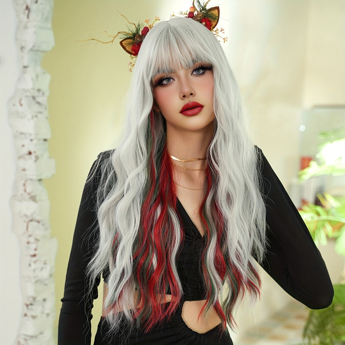 High-Density Synthetic Wig - Silvery White with Red & Green Waves, Heat Resistant for Halloween & Christmas Parties, 27.56 Inches