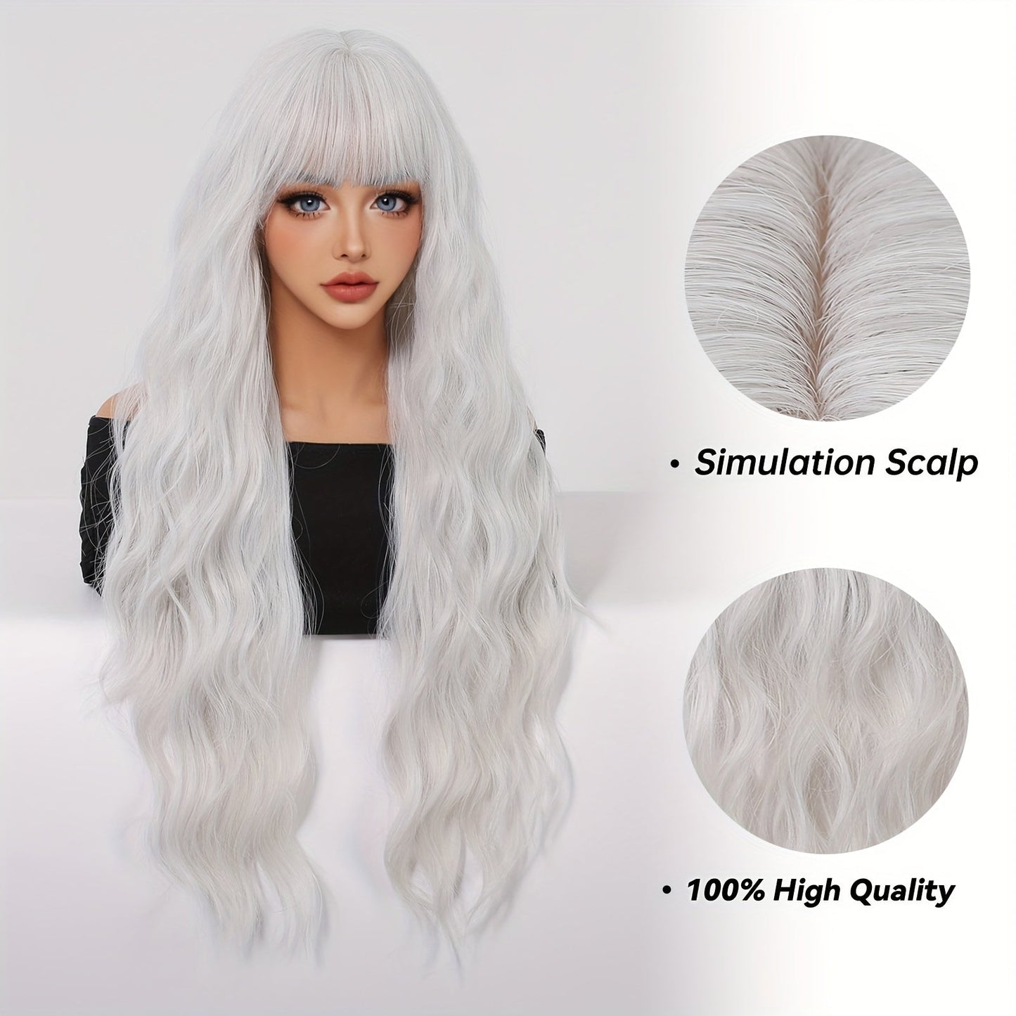 Chic 30-Inch White Curly Wig with Bangs for Women - Soft, Heat Resistant Synthetic Hair for Daily Wear, Work, Parties & Festivals